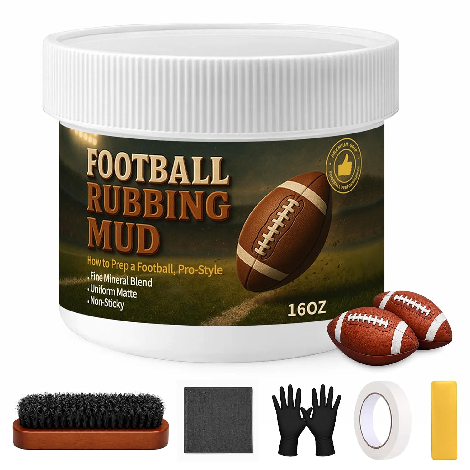 ZUAON 16oz football rubbing mud kit with brush, towel, gloves, masking tape, and scraper